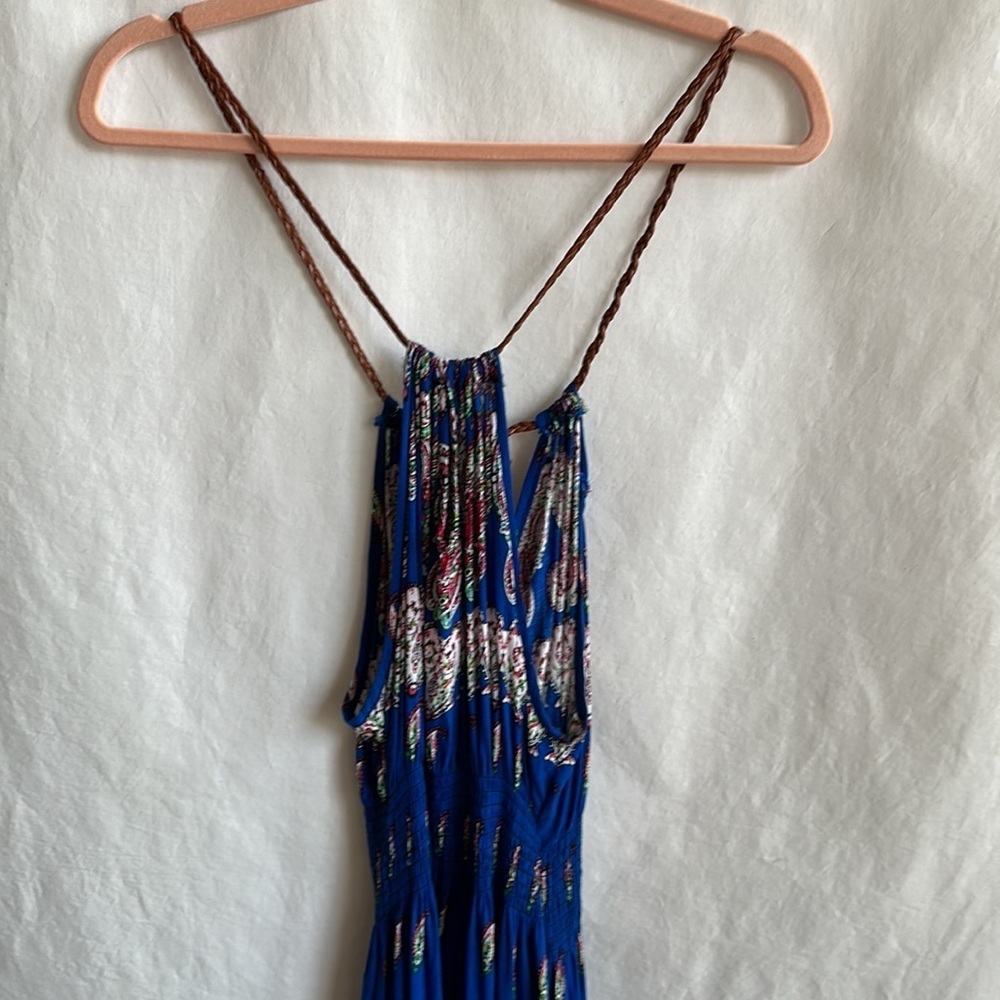 Royal blue print maxi halter dress with faux leather tie, size XS/S - Picture 5 of 9